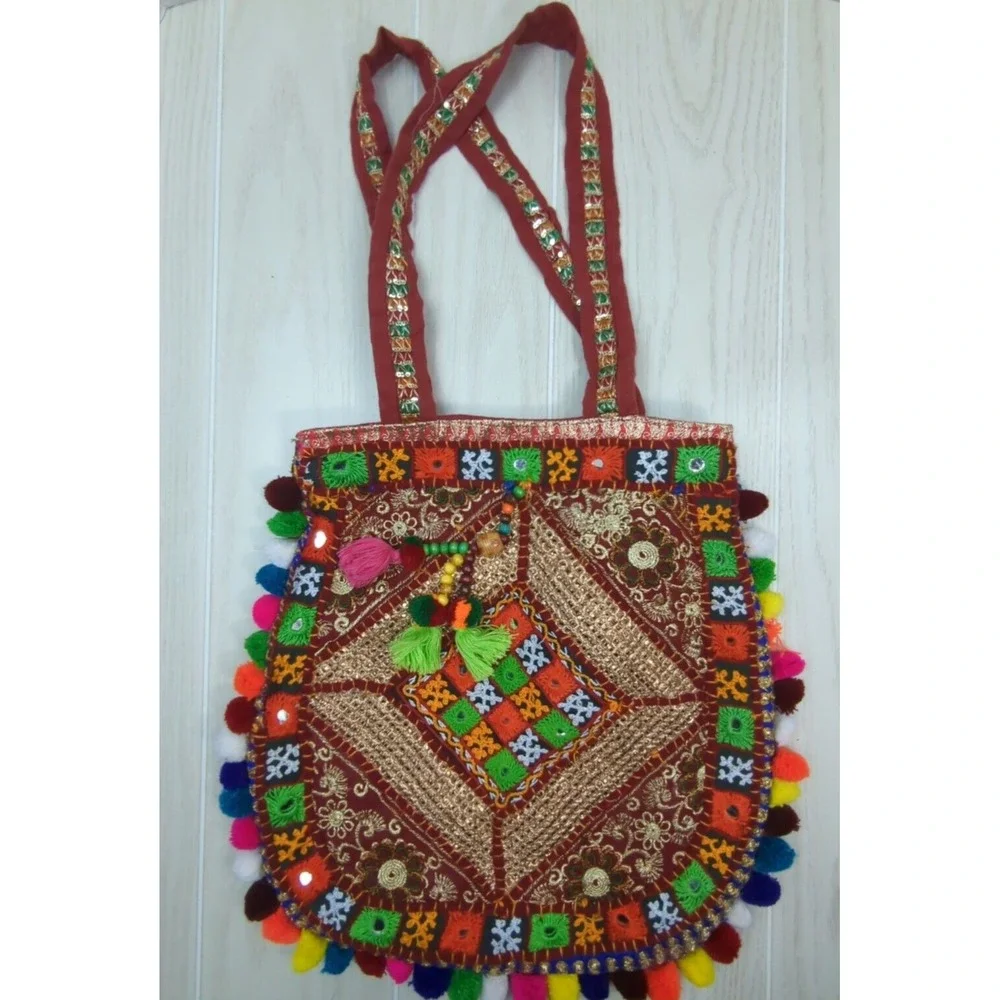 Handcrafted Made India fabric mirrored stitched hobo hippie bag purse pom poms